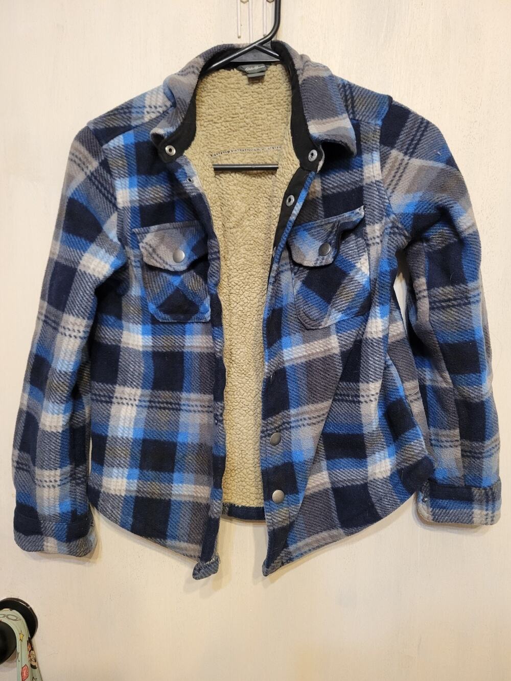 Eddie Bauer Boys Sherpa Lined Snap Front Plaid Shirt Jacket Size 8 Blue